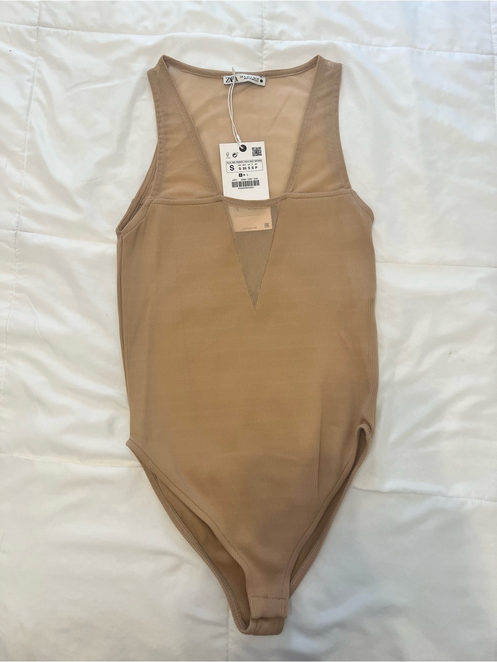 ZARA Tan Ribbed V-Neck Bodysuit